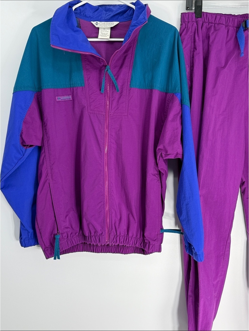 Vintage Columbia Women's Nylon Tracksuit Set Large Purple Teal Blue